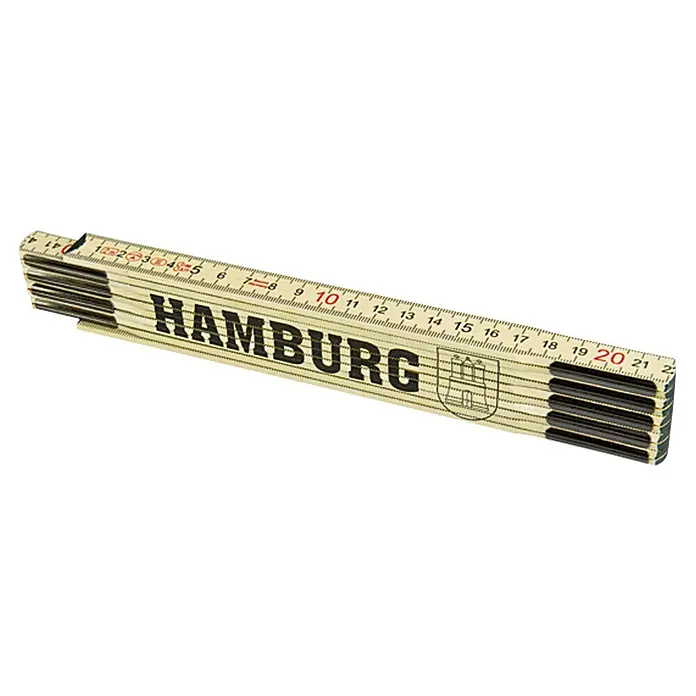 BAUHAUS Zollstock - Hamburg, 2 m - Ein Zollstock aus Holz mit dem Aufdruck "Hamburg", ideal für präzise Messungen bei Bau- und Handwerksprojekten.