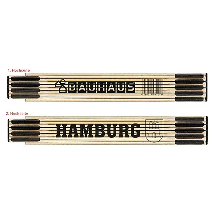 BAUHAUS Zollstock - Hamburg, 2 m - Ein Zollstock mit den Aufschriften "BAUHAUS" und "HAMBURG", ideal für präzise Messungen und als Sammlerstück.
