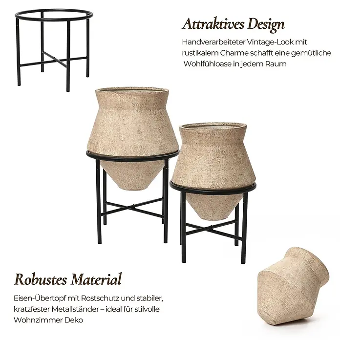 Hometopia Pflanztopf HTPL0359-BR - 2 Stk., Außenmaß (Ø x H): 62,5 x 62,5 cm, Metall, braun - Zwei rustikale Übertöpfe mit schwarzen Metallständern.