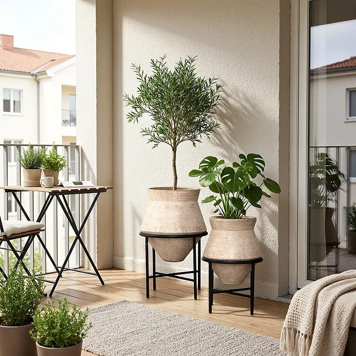 Hometopia Pflanztopf HTPL0359-BR - 2 Stk., Außenmaß (Ø x H): 62,5 x 62,5 cm, Metall, braun - Zwei beigefarbene Pflanzgefäße auf schwarzen Metallständern mit Pflanzen auf einem Balkon. Kleinere Topfpflanzen stehen auf einem Holztisch.