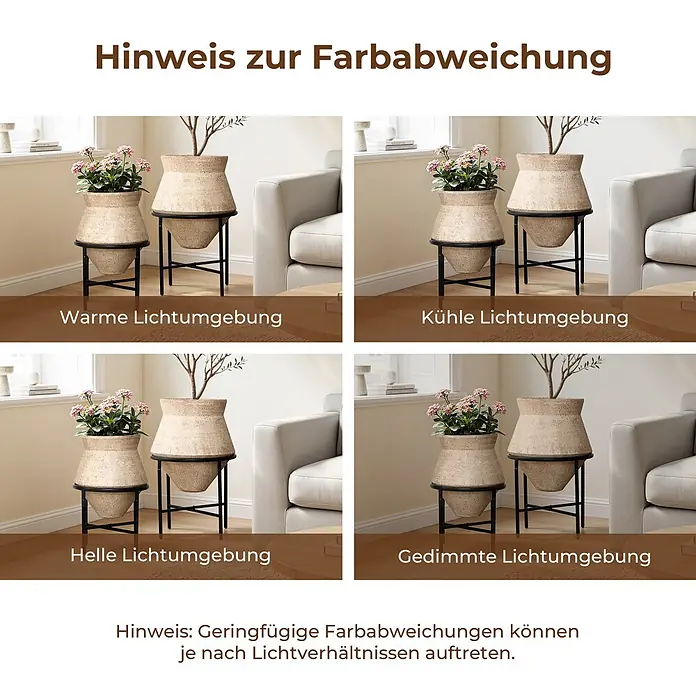 Hometopia Pflanztopf HTPL0359-BR - 2 Stk., Außenmaß (Ø x H): 62,5 x 62,5 cm, Metall, braun - Zwei strukturierte Pflanzentöpfe auf schwarzen Metallständern, dargestellt unter warmer, kühler, heller und gedimmter Beleuchtung, zeigen mögliche Farbabweichungen.