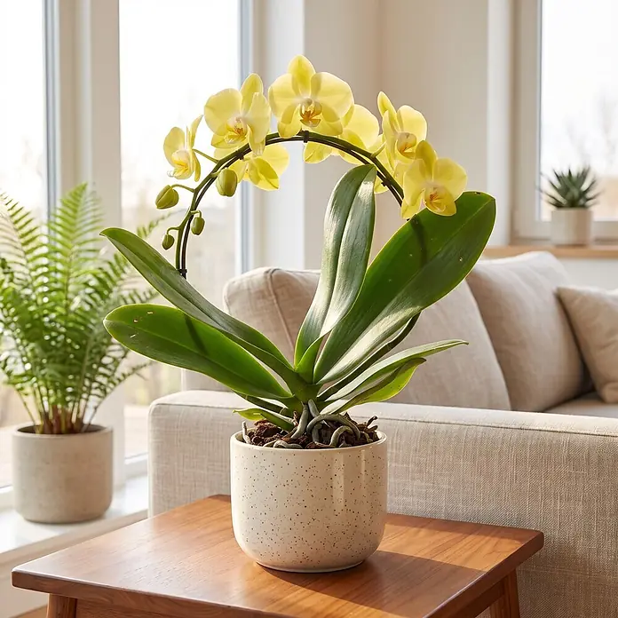 Piardino Schmetterlingsorchidee - Phalaenopsis Hybride 2er Bogen, Topfgröße: 12 cm, Gelb, Anzahl Triebe: 2 Stk., Aufrecht - Eine leuchtend gelbe Orchidee mit grünen Blättern in einem weiß gesprenkelten Topf, auf einem Holztisch in einem hellen Wohnzimmer.