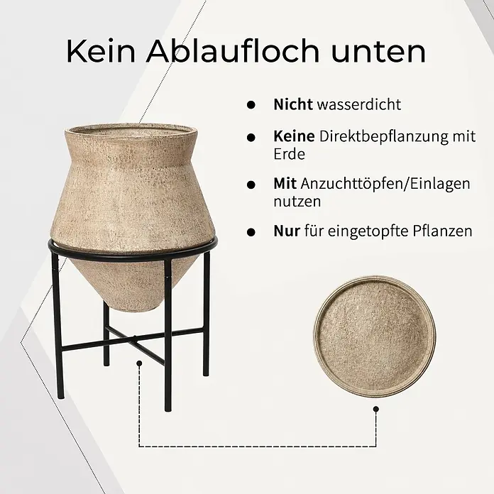 Hometopia Pflanztopf HTPL0359-BR - 2 Stk., Außenmaß (Ø x H): 62,5 x 62,5 cm, Metall, braun - Beiger, strukturierter Übertopf in schwarzem Metallständer. Nicht zur Direktbepflanzung, nur für Topfpflanzen oder Einsätze.