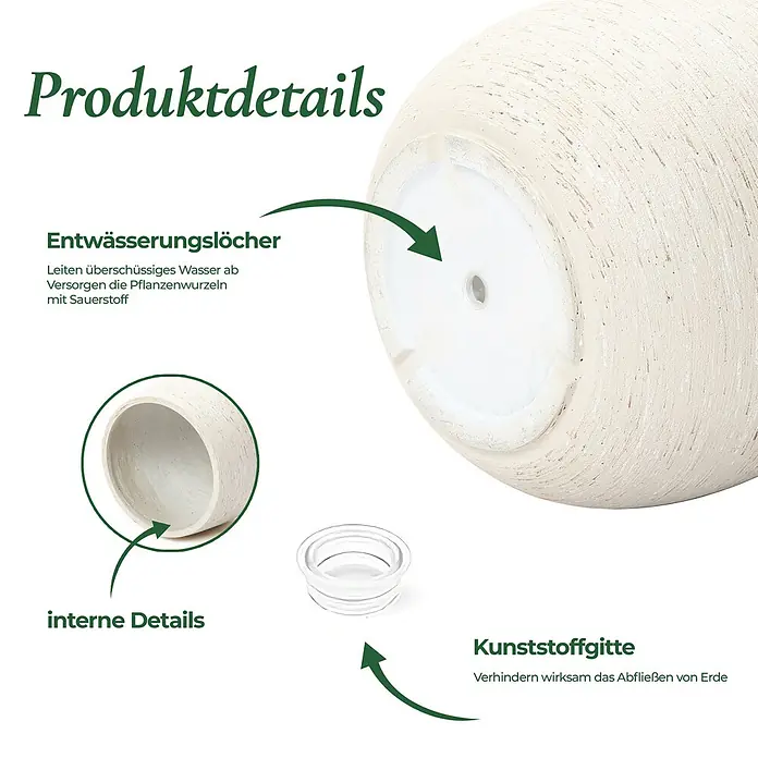 Hometopia Pflanztopf HTPL0166 - Außenmaß (Ø x H): 31 x 31,8 cm, Verbundwerkstoff, Weiß - Helle, texturierte Pflanzgefäß mit Abflussloch und Kunststoffstöpsel für optimales Wassermanagement.
