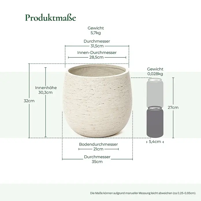 Hometopia Pflanztopf HTPL0166 - Außenmaß (Ø x H): 31 x 31,8 cm, Verbundwerkstoff, Weiß - Heller, strukturierter Pflanztopf mit Maßen: Höhe 32cm, Ø oben 31.5cm, Innen-Ø 28.5cm, Innenhöhe 30.3cm, max. Ø 35cm, Boden-Ø 21cm, Gewicht 5.7kg.
