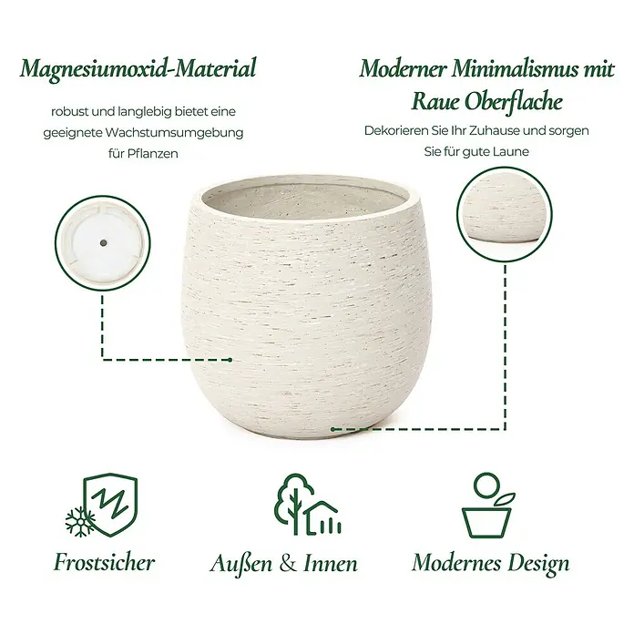 Hometopia Pflanztopf HTPL0166 - Außenmaß (Ø x H): 31 x 31,8 cm, Verbundwerkstoff, Weiß - Beiger Magnesiumoxid-Pflanztopf mit rauer, strukturierter Oberfläche und Drainageloch, für innen und außen geeignet.