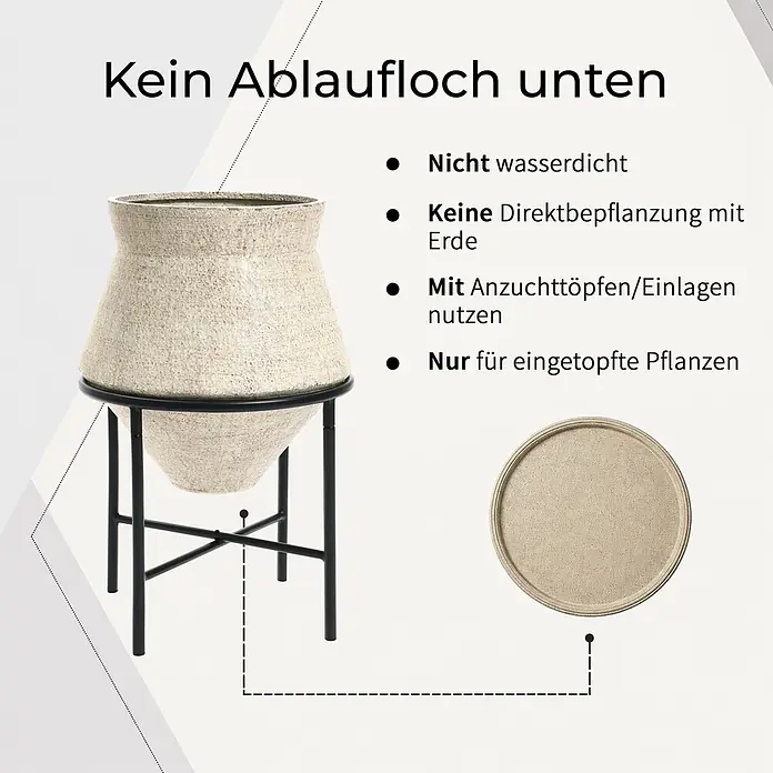 2er Blumentopf Set Frostsicher Formstabil -  - Beigefarbener, strukturierter Pflanztopf auf schwarzem Ständer mit passender Ablage. Kein Ablaufloch, nicht wasserdicht, nur für eingetopfte Pflanzen.