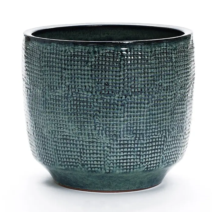 Hometopia Pflanztopf HTPL0037-L - 1 Stk., Außenmaß (Ø x H): 39 x 34 cm, Keramik - Dunkelpetrolfarbener Keramik-Pflanztopf mit strukturierter, rechteckiger Gittermusterung. Er hat eine glänzende Oberfläche und einen natürlichen Keramikboden.