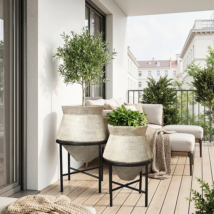2er Blumentopf Set Frostsicher Formstabil -  - Zwei hell texturierte Pflanzgefäße auf schwarzen Metallständern mit Pflanzen auf einem Holz-Balkon.