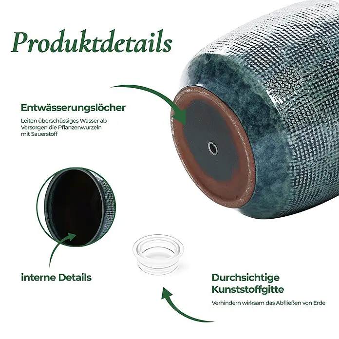 Hometopia Pflanztopf HTPL0037-L - 1 Stk., Außenmaß (Ø x H): 39 x 34 cm, Keramik - Strukturierter dunkelgrün/blau Keramik-Pflanztopf mit Ablaufloch, Innenansicht und transparentem Gitter gegen Erdausfluss.