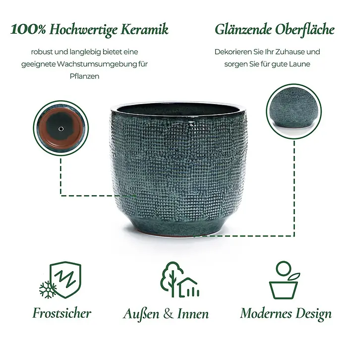 Hometopia Pflanztopf HTPL0037-L - 1 Stk., Außenmaß (Ø x H): 39 x 34 cm, Keramik - Dunkelgrüner Keramik-Pflanztopf mit texturierter Oberfläche und Abflussloch, für innen und außen geeignet.