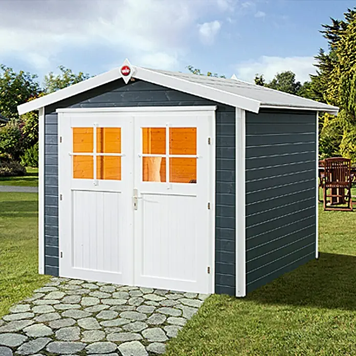 Weka Gartenhaus Colore - Holz, Anthrazit, Grundfläche: 5,62 m² - Ein blaues Gartenhaus mit weißen Doppeltüren und einem hellen Dach inmitten einer grünen Rasenfläche.