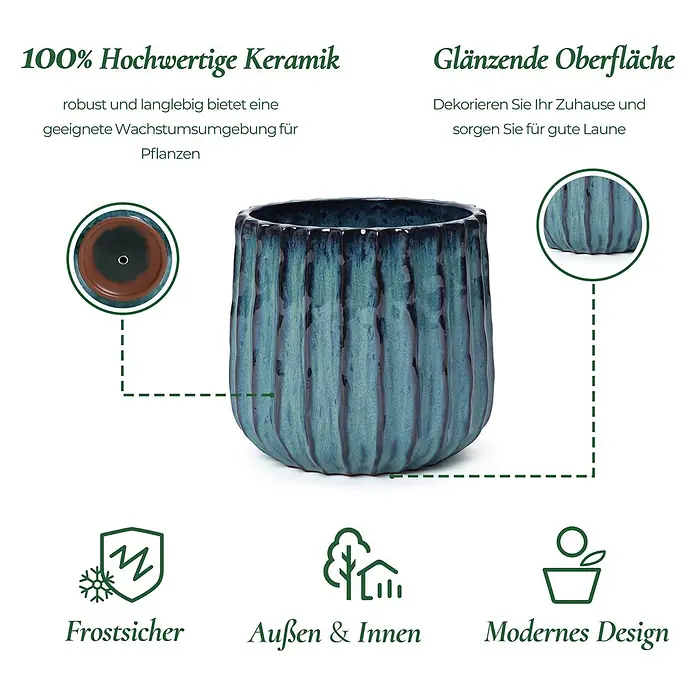 Keramik Blumentopf -  - Glasierter blauer Keramik-Pflanztopf mit geriffelter Oberfläche, frostsicher für drinnen und draußen.