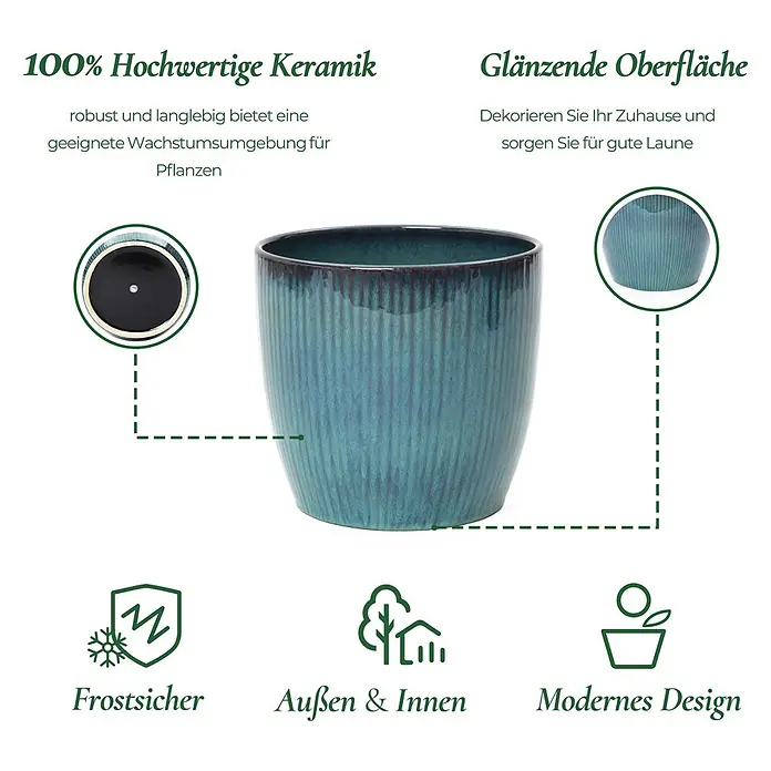 Hometopia Pflanztopf HTPL0081-M - 1 Stk., Außenmaß (Ø x H): 38 x 28,5 cm, Keramik, Blaugrün - Ein glänzender, gerippter türkisblauer Keramik-Blumentopf, für drinnen und draußen geeignet.