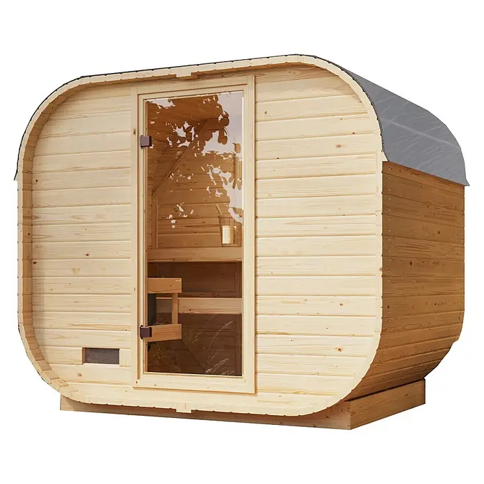 Karibu Saunahaus Skadi 1 Plus - 9 KW Ofen mit interner Steuerung, Natur, L x B x H: 175 x 242,5 x 205 cm - Eine Fasssauna aus hellem Naturholz mit einer klaren Glastür, dunklem Dach und Lüftungsgitter.