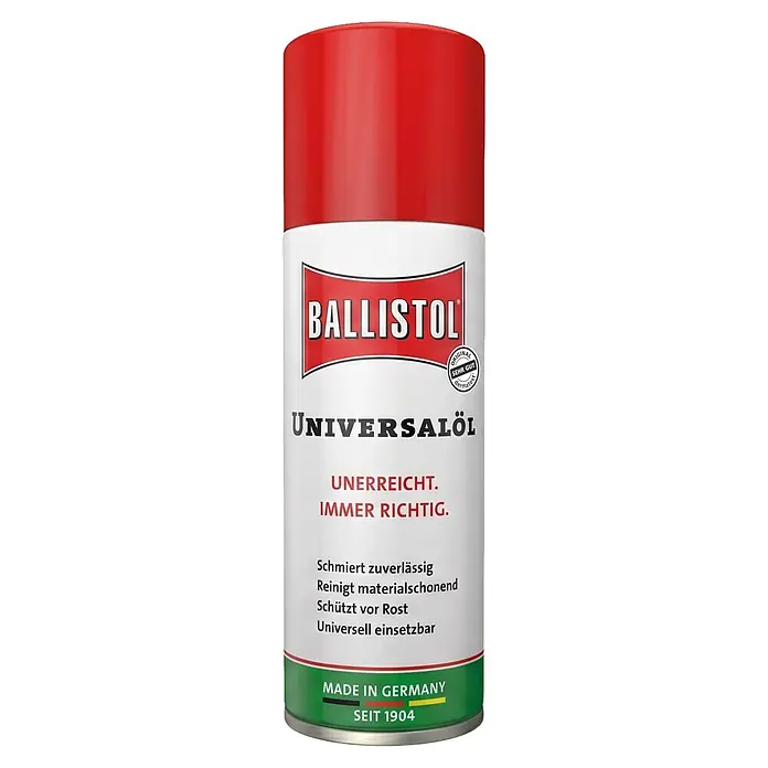 Ballistol Universalöl - 200 ml, Spray - Ballistol Universalöl Spraydose, roter Deckel, weißer Korpus mit Etikett, grüner Boden. Schmiert, reinigt, schützt vor Rost.