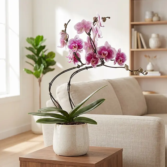 Piardino Schmetterlingsorchidee - Phalaenopsis Hybride Hurricane, Topfgröße: 12 cm, Lila, Anzahl Triebe: 2 Stk., Aufrecht - Eine rosa-weiße Orchidee in einem weißen Topf steht auf einem Holztisch in einem hellen Wohnzimmer.