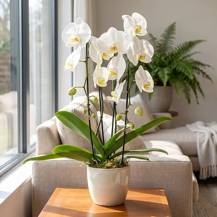 Piardino Schmetterlingsorchidee - Phalaenopsis Hybride Cascade, Topfgröße: 12 cm, Weiß, Anzahl Triebe: 2 Stk., Aufrecht - Weiße Orchideenpflanze mit Blüten und Knospen in einem cremefarbenen Keramiktopf, auf einem Holztisch in einem hellen Raum.