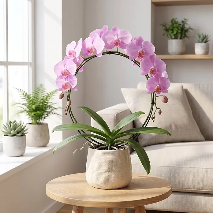 Piardino Schmetterlingsorchidee - Phalaenopsis Hybride 2er Bogen, Topfgröße: 12 cm, Rosa, Anzahl Triebe: 2 Stk., Aufrecht - Rosa Orchidee mit rundem Metallstützring in einem beigen Strukturotopf auf einem Holztisch im hellen Wohnzimmer.