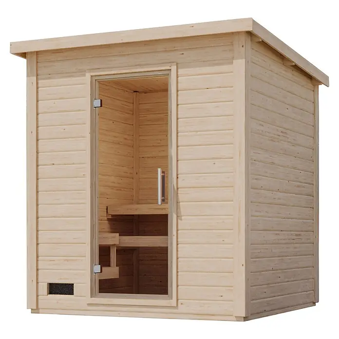 Karibu Saunahaus Kaapi 3 - 9 KW Bio-Ofen mit externer Steuerung, Natur, L x B x H: 196 x 196 x 228 cm - Helle hölzerne Saunakabine mit Glastür und Innenbänken.