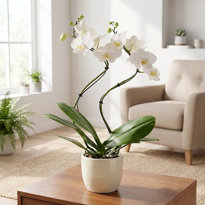 Piardino Schmetterlingsorchidee - Phalaenopsis Hybride Hurricane, Topfgröße: 12 cm, Weiß, Anzahl Triebe: 2 Stk., Aufrecht - Eine weiße Orchidee mit grünen Blättern in einem cremefarbenen Keramiktopf auf einem Holztisch in einem hellen Raum.