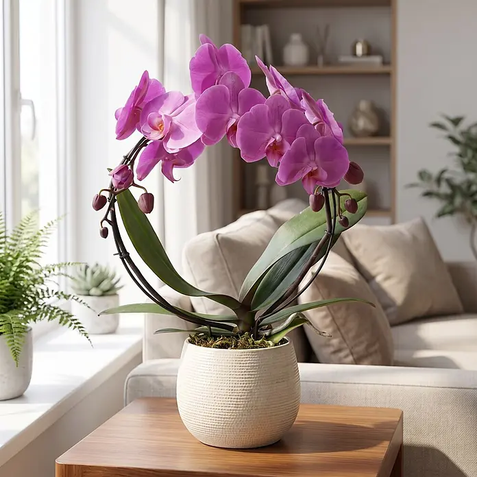 Piardino Schmetterlingsorchidee - Phalaenopsis Hybride 2er Bogen, Topfgröße: 12 cm, Lila, Anzahl Triebe: 2 Stk., Aufrecht - Lebendige lila Orchidee mit grünen Blättern in einem gerippten Cremetopf, elegant auf einem Holztisch im hellen Wohnzimmer.