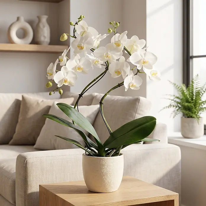 Piardino Schmetterlingsorchidee - Phalaenopsis Hybride Hurricane, Topfgröße: 12 cm, Weiß, Anzahl Triebe: 2 Stk., Aufrecht - Weiße Orchidee in strukturiertem Topf auf Holztisch, verschönert helles Wohnzimmer mit natürlicher Eleganz.