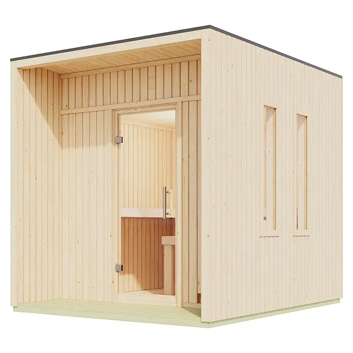 Karibu Saunahaus Tyr - L x B x H: 287,5 x 219,5 x 244 cm, Natur, 9 KW Ofen mit interner Steuerung - Saunakabine aus hellem Holz mit Glastür und Seitenfenstern.