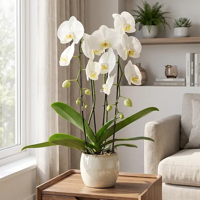 Piardino Schmetterlingsorchidee - Phalaenopsis Hybride Cascade, Topfgröße: 12 cm, Weiß, Anzahl Triebe: 2 Stk., Aufrecht - Große weiße Orchidee in einem cremefarbenen Topf auf einem Holztisch, belebt ein helles Wohnzimmer.