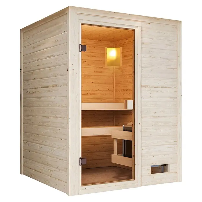 Karibu Elementsauna Njord - Ohne Ofen, Natur, L x B x H: 145 x 145 x 187 cm - Helle Holzsaunakabine mit transparenter Glastür, die Holzbänke und einen Ofen im Inneren zeigt.