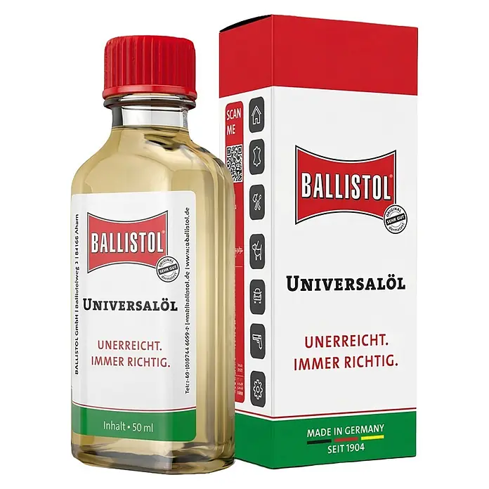 Ballistol Universalöl - 50 ml, Öl - Ballistol Universalöl Flasche mit rotem Verschluss und passender Kartonverpackung.