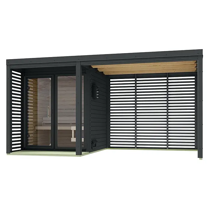 Karibu Saunahaus Heimdall - 9 KW Ofen mit interner Steuerung, Anthrazit, L x B x H: 276 x 452 x 231,5 cm - Moderne dunkelgraue Außensauna mit Glastür und Lamellenschutzbereich mit Holzdachbalken.