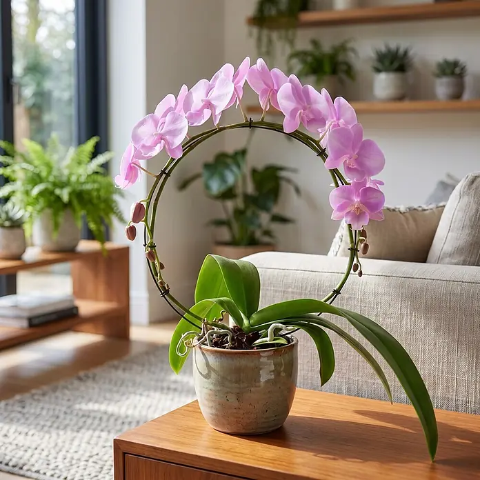 Piardino Schmetterlingsorchidee - Phalaenopsis Hybride 2er Bogen, Topfgröße: 12 cm, Rosa, Anzahl Triebe: 2 Stk., Aufrecht - Rosa Orchidee mit kreisförmig gebundenen Blüten, in Keramiktopf auf Holztisch in sonnigem Wohnzimmer.