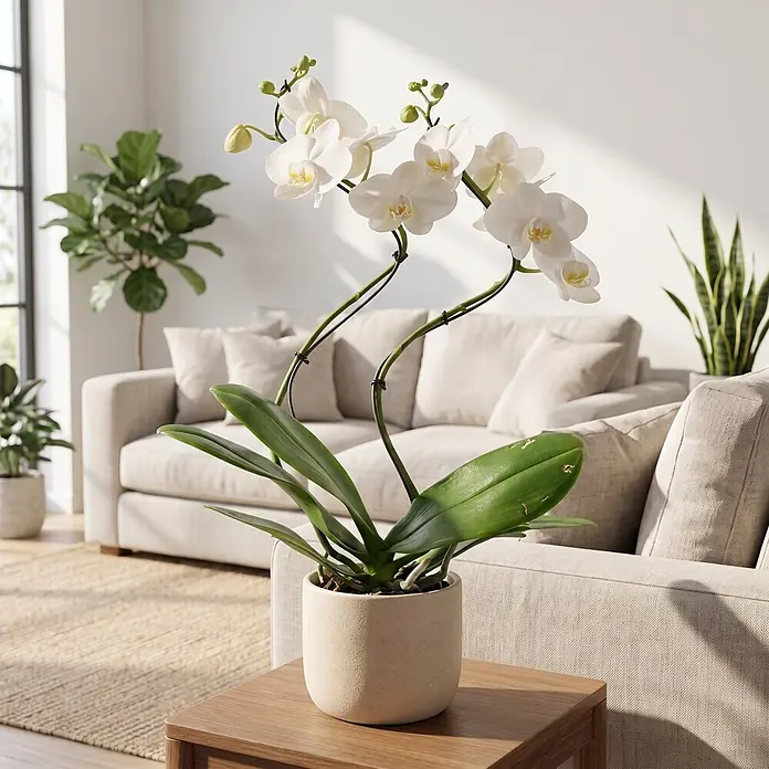 Piardino Schmetterlingsorchidee - Phalaenopsis Hybride Hurricane, Topfgröße: 12 cm, Weiß, Anzahl Triebe: 2 Stk., Aufrecht - Weiße Orchidee in beigem Topf auf Holztisch, verschönert ein helles Wohnzimmer mit hellen Möbeln und Pflanzen.