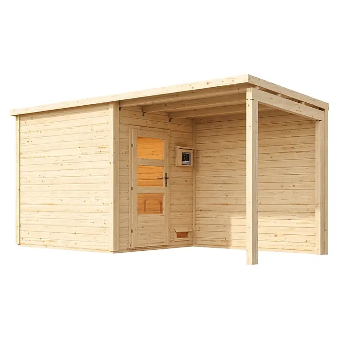 Karibu Saunahaus Vidar - 9 KW Ofen mit interner Steuerung, Natur, L x B x H: 196 x 196 x 227,5 cm - Helles Holzgartenhaus mit integrierter Veranda, Tür mit Fenstern und Bedienfeld an der Wand.