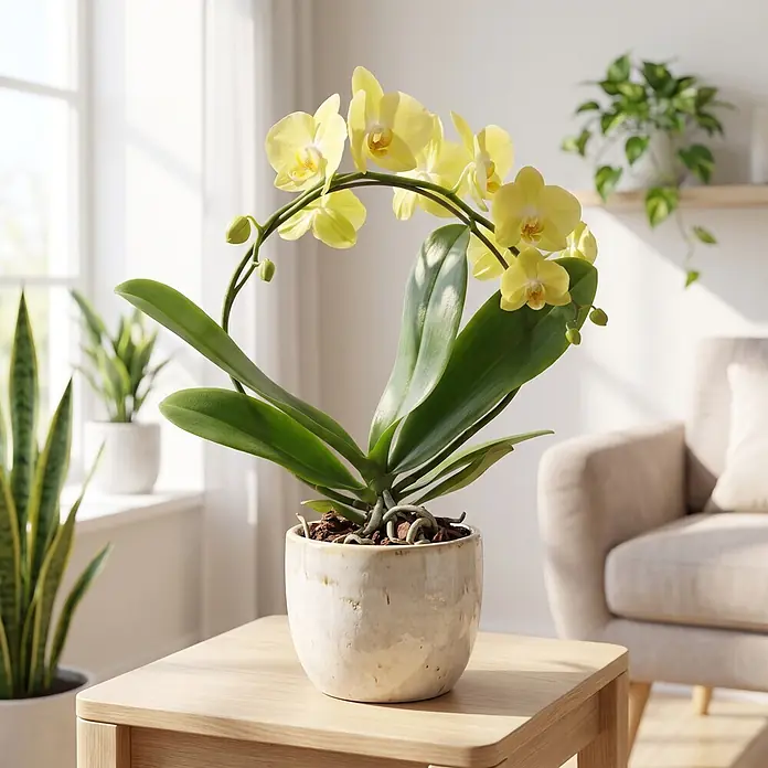 Piardino Schmetterlingsorchidee - Phalaenopsis Hybride 2er Bogen, Topfgröße: 12 cm, Gelb, Anzahl Triebe: 2 Stk., Aufrecht - Gelbe Orchidee in hellem Keramiktopf auf Holztisch in sonnigem Raum.
