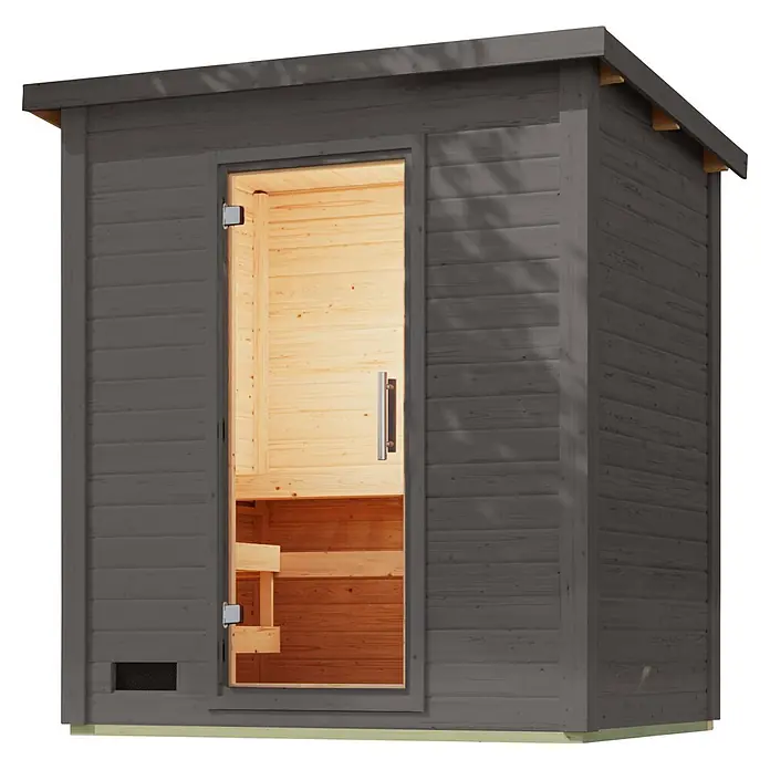 Karibu Saunahaus Kaapi 2 - 9 KW Ofen mit interner Steuerung, Terragrau, L x B x H: 146 x 196 x 228 cm - Outdoor-Saunakabine mit grauem Holz außen und hellem Holz innen, sichtbar durch eine klare Glastür mit Metallgriff.