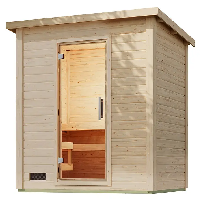 Karibu Saunahaus Kaapi 2 - 9 KW Bio-Ofen mit externer Steuerung, Natur, L x B x H: 146 x 196 x 228 cm - Kleine Außensaunakabine aus hellem Naturholz mit klarer Glastür, die Innenbänke zeigt.