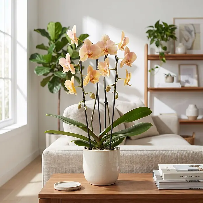 Piardino Schmetterlingsorchidee - Phalaenopsis Hybride Cascade, Topfgröße: 12 cm, Gelb, Anzahl Triebe: 2 Stk., Aufrecht - Eine hellgelbe Orchidee in einem weißen Topf auf einem Holztisch in einem hellen Wohnzimmer.