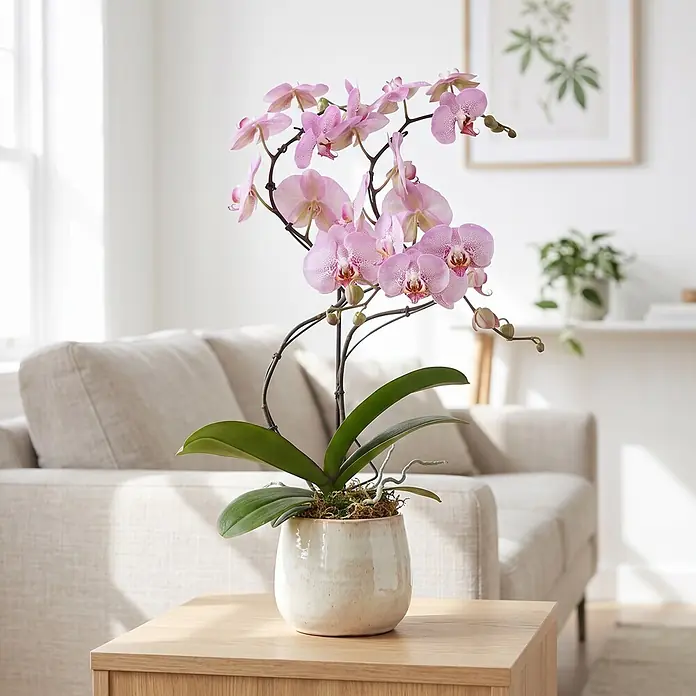 Piardino Schmetterlingsorchidee - Phalaenopsis Hybride Hurricane, Topfgröße: 12 cm, Rosa, Anzahl Triebe: 2 Stk., Aufrecht - Rosa Phalaenopsis-Orchidee in einem strukturierten cremefarbenen Keramiktopf, auf einem Holztisch in einem hellen Wohnzimmer.