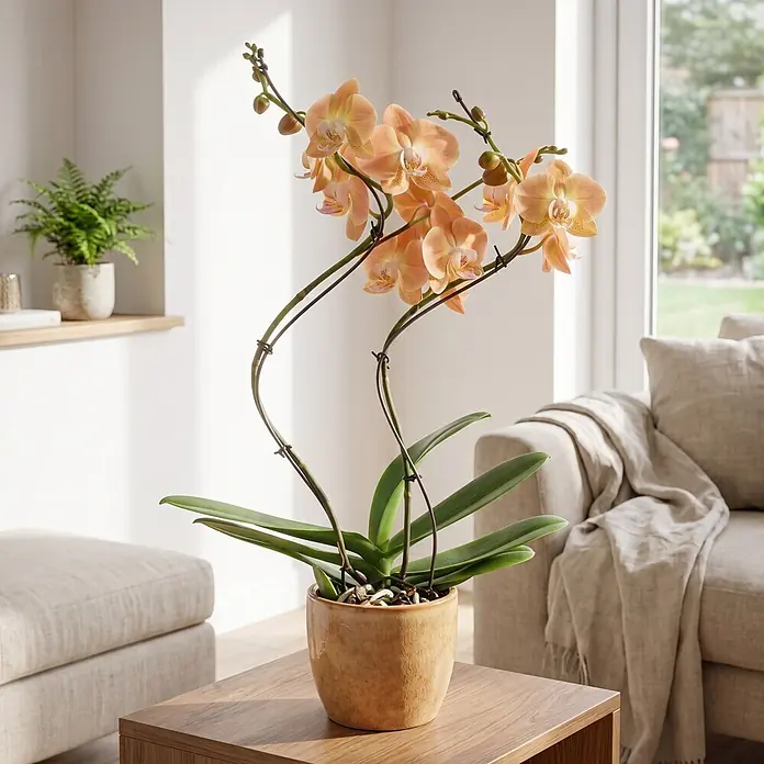 Piardino Schmetterlingsorchidee - Phalaenopsis Hybride Hurricane, Topfgröße: 12 cm, Gelb, Anzahl Triebe: 2 Stk., Aufrecht - Eine orangefarbene Orchidee mit mehreren Blüten und grünen Blättern in einem Terrakottatopf auf einem Holztisch in einem Wohnzimmer.