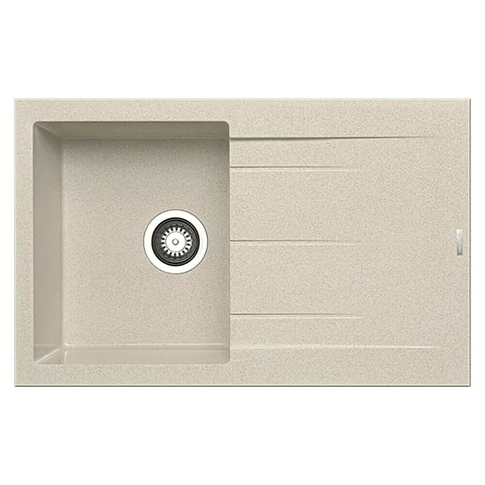 Admiral Einbauspüle Alazia - B x L: 79 x 50 cm, Beige - Nahaufnahme einer beigen Küchenspüle mit Abstellfläche und einem glänzenden Abfluss, ideal für jede moderne Küche.