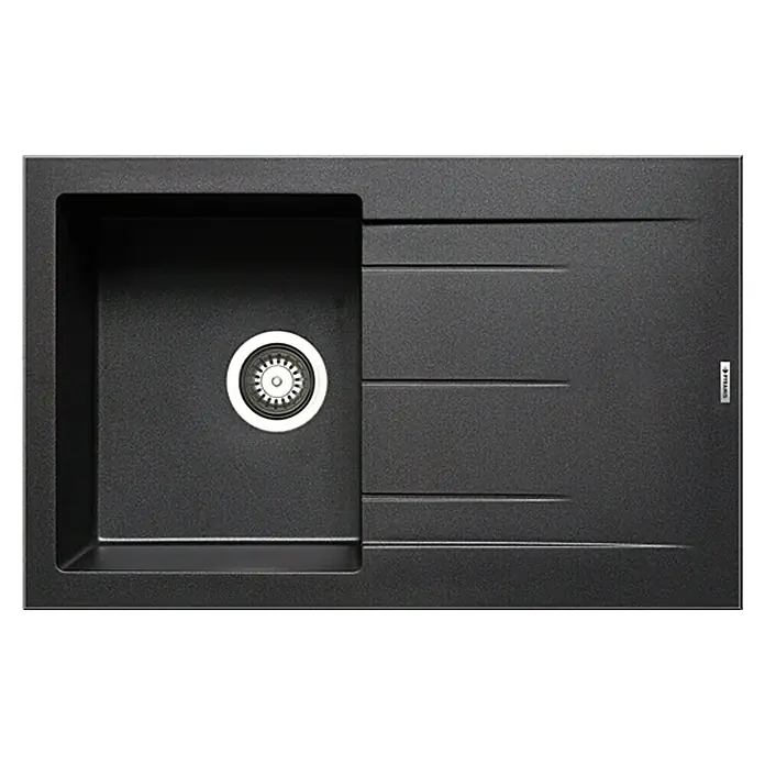 Admiral Einbauspüle Alazia - B x L: 79 x 50 cm, Carbon - Eine elegante schwarze Küchenspüle mit einem Becken und einer Abtropffläche, ideal für moderne Küchen.