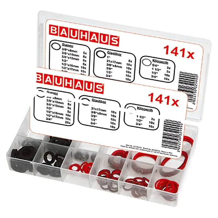 BAUHAUS Surtido de juntas estancas - 141 ud. - Juego de juntas Bauhaus con juntas de goma, fibra de vidrio y Klingerit, clasificadas en una caja de plástico transparente.