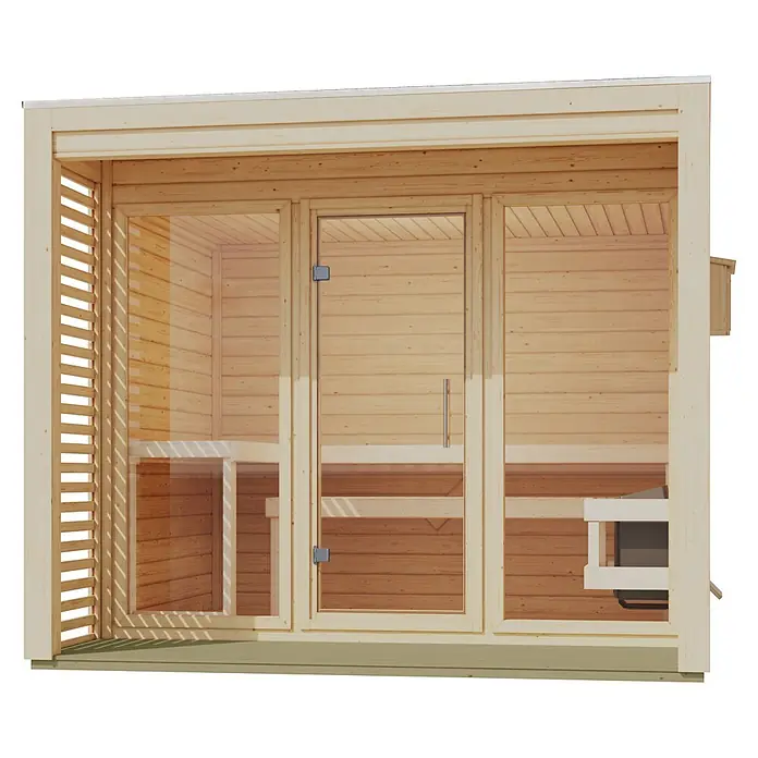 Karibu Saunahaus Heimdall - 9 KW Ofen mit interner Steuerung, Natur, L x B x H: 276 x 276 x 231,5 cm - Helle Holzsaunakabine mit Glastür und Fenstern, die Innenbänke und Heizung zeigt.