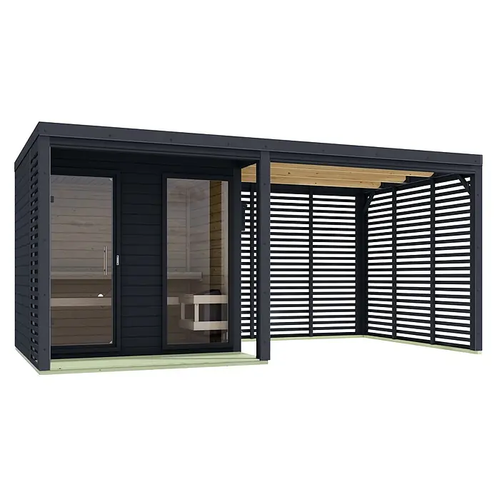 Karibu Saunahaus Heimdall - 9 KW Ofen mit interner Steuerung, Anthrazit, L x B x H: 276 x 492 x 231,5 cm - Dunkelgraue Außensauna mit Glastüren und angeschlossener Lamellenpergola auf hellem Holzsockel.