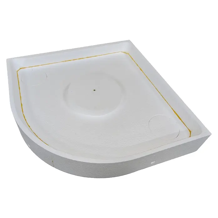 Aedler Duschwannenträger - L x B: 90 x 90 cm, Expandiertes Polystyrol, Weiß, Gebogen - Weiße Viertelkreis-Duschtassenunterlage aus Dämmmaterial mit mittigem Abfluss und gelber Dichtungsmasse.