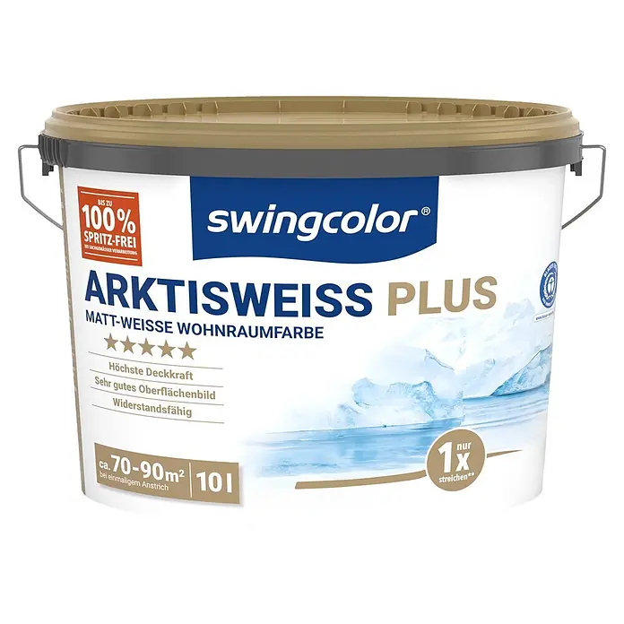 swingcolor Wandfarbe Arktisweiß Plus - Schneeweiß, Matt, 10 l - Vorderansicht
