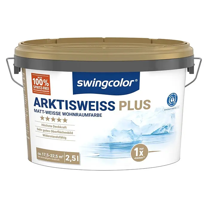 swingcolor Wandfarbe Arktisweiß Plus - Schneeweiß, Matt, 2,5 l - Weißer swingcolor Farbeimer mit goldbraunem Deckel, 2,5L matter arktisweißer Wohnraumfarbe.