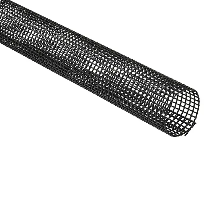 FunkeGruppe Laubfanggitter - Nennweite Zubehör Dachrinnen: 100 - 125 mm, Länge: 200 cm - Produktansicht eines schwarzen, röhrenförmigen Drahtgeflechts mit rechteckigen Maschen auf weißem Grund.